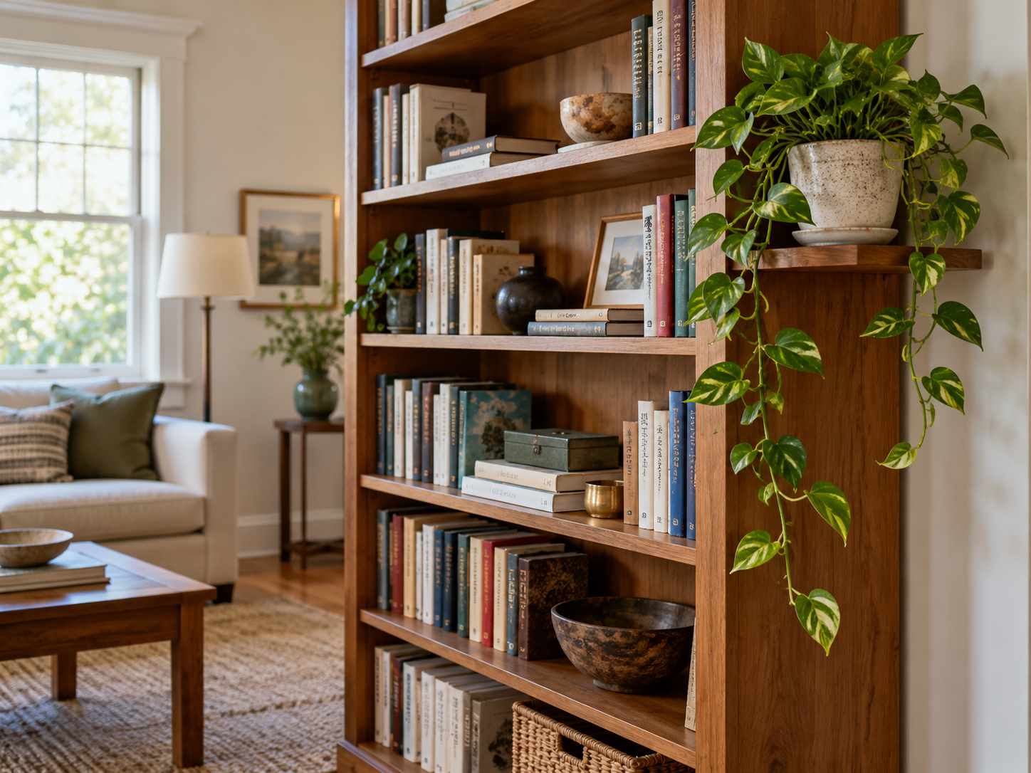 Trailing plant kept beside accessible books