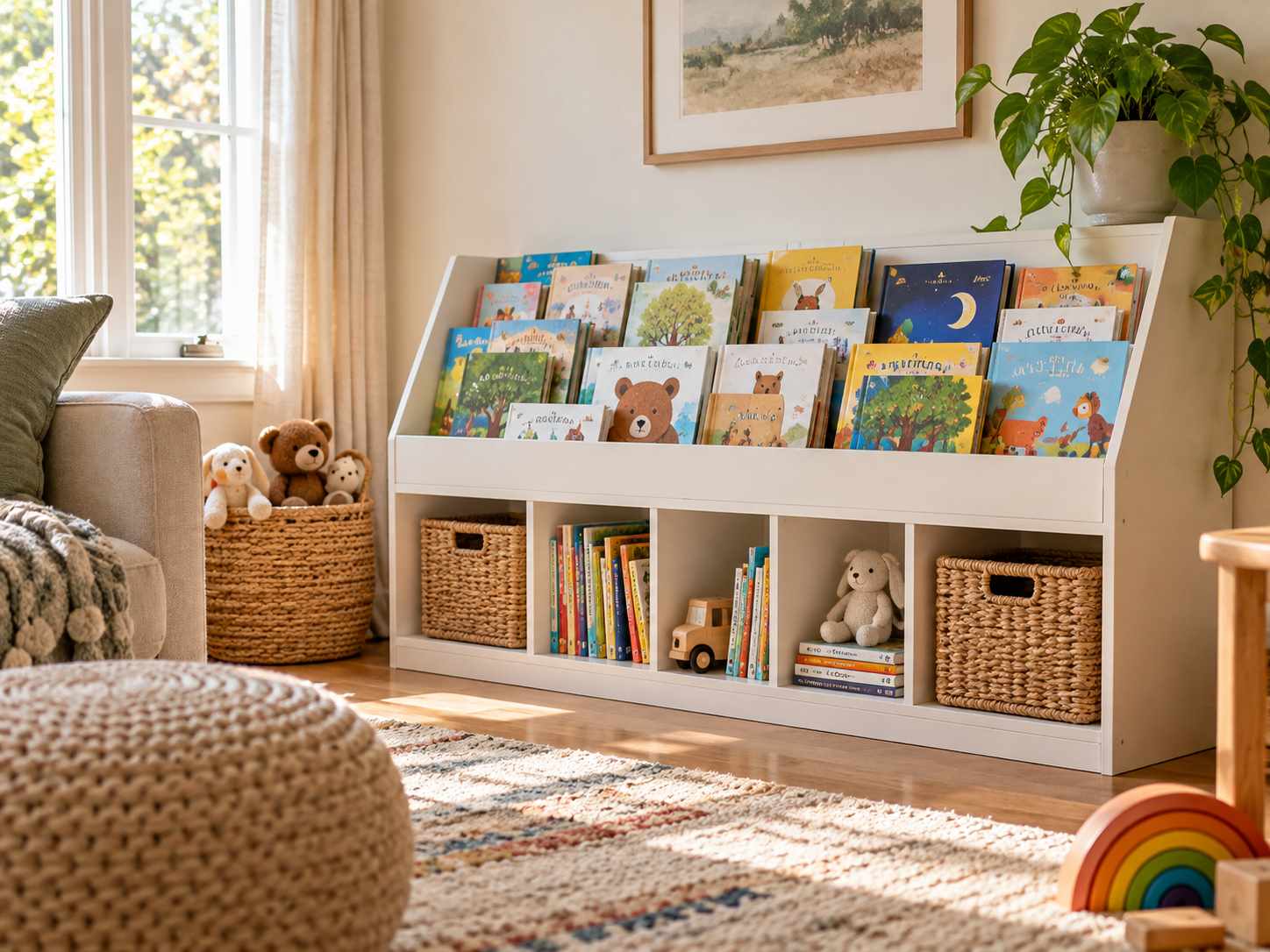 Children's books displayed at a low reachable level