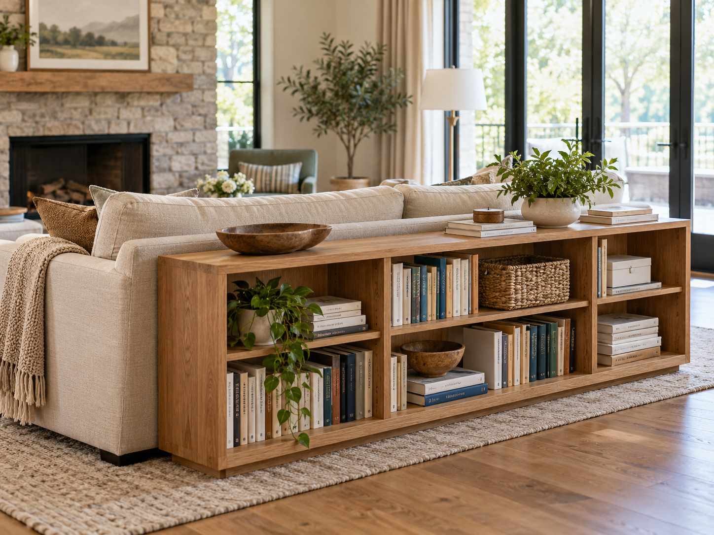 Low bookcase defining the back of a sofa