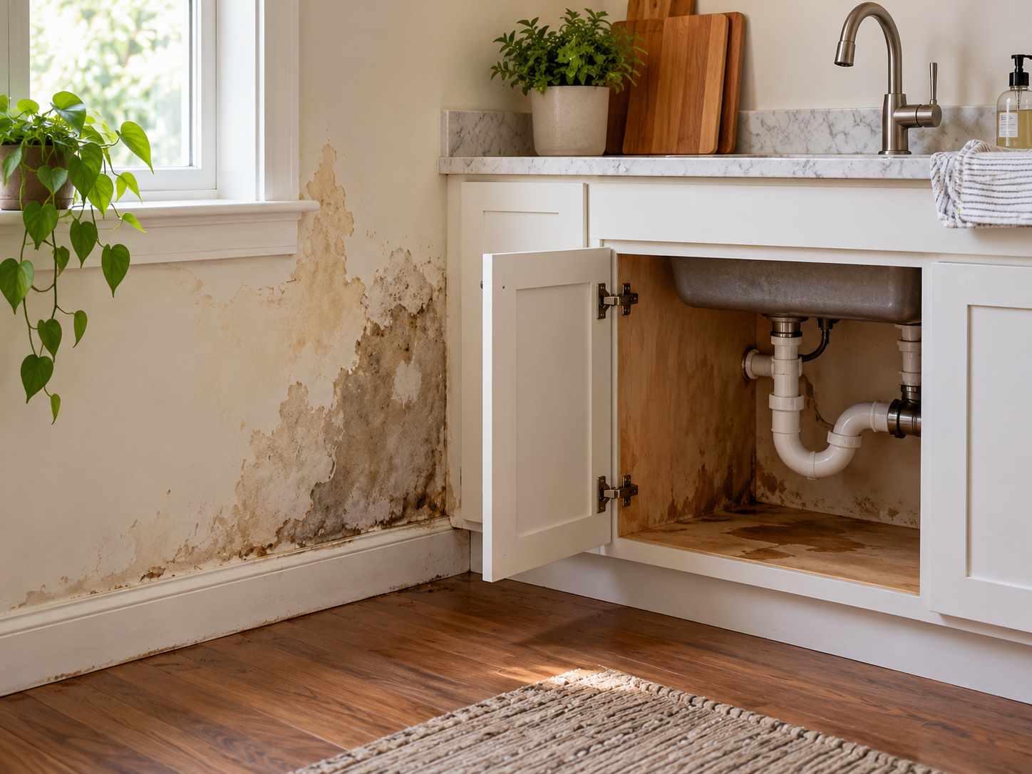 Visible water damage beside a kitchen cabinet awaiting repair