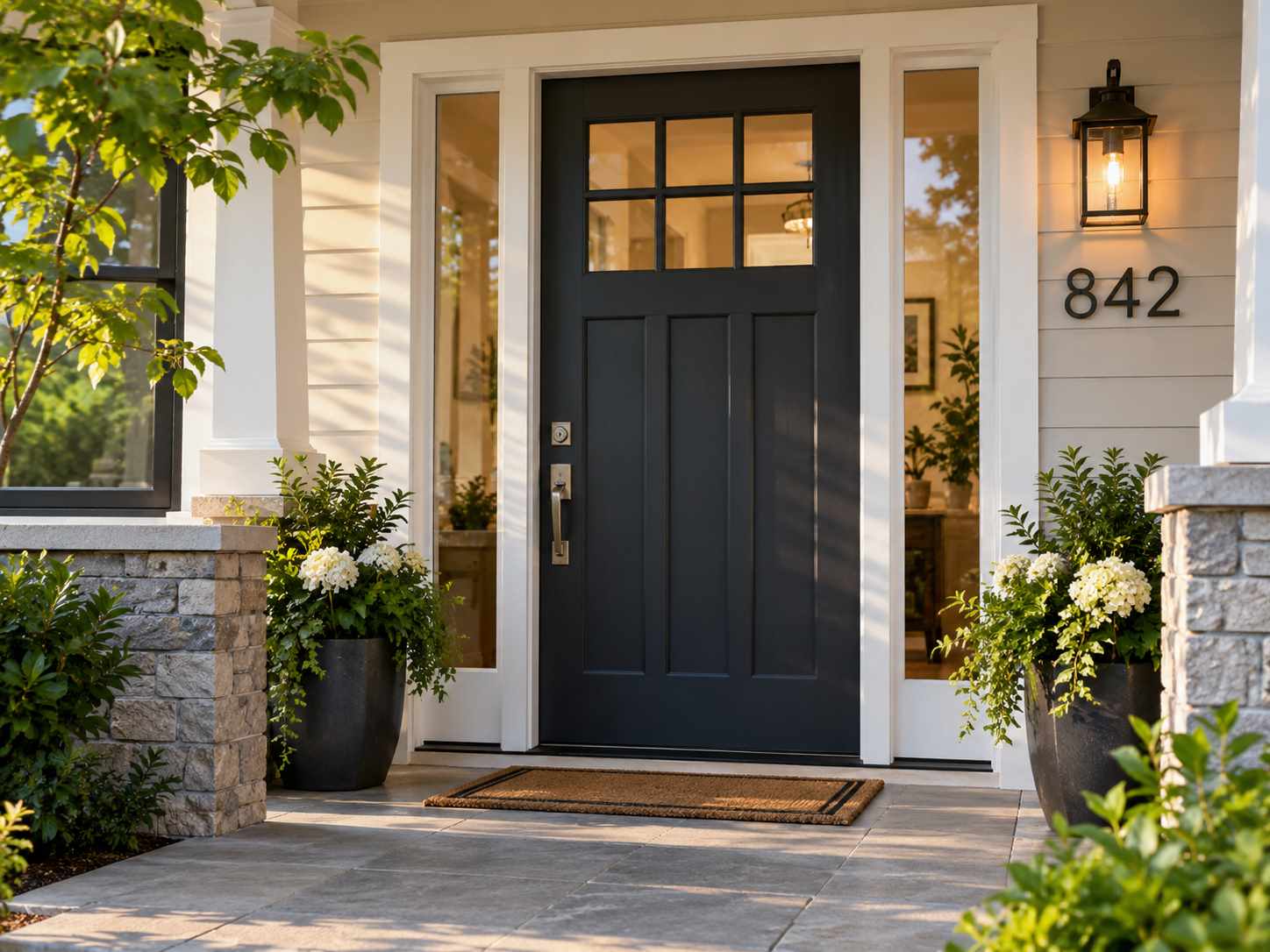 Well-maintained front entry with useful lighting