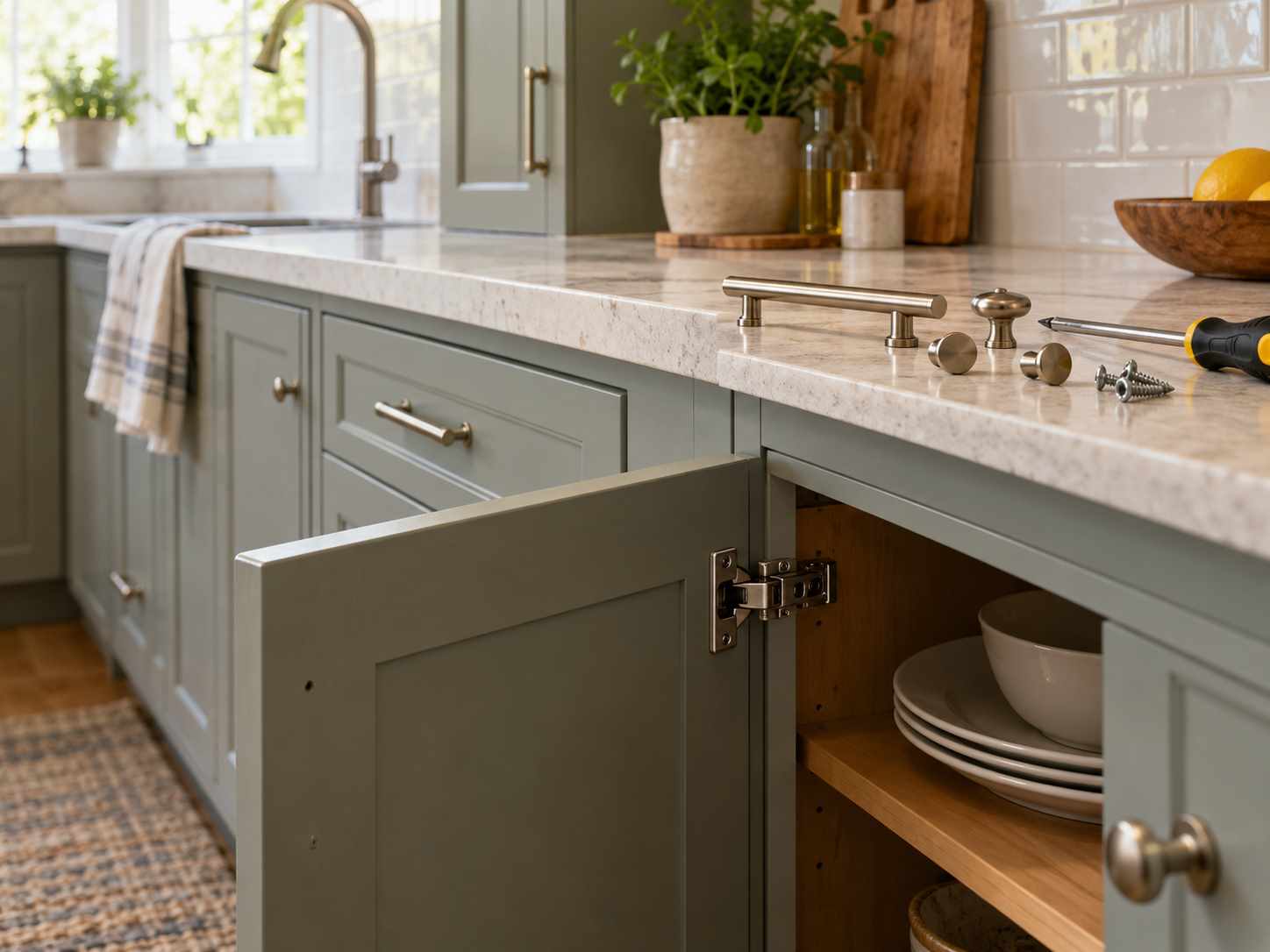 Cabinet drawer and hardware in a practical kitchen