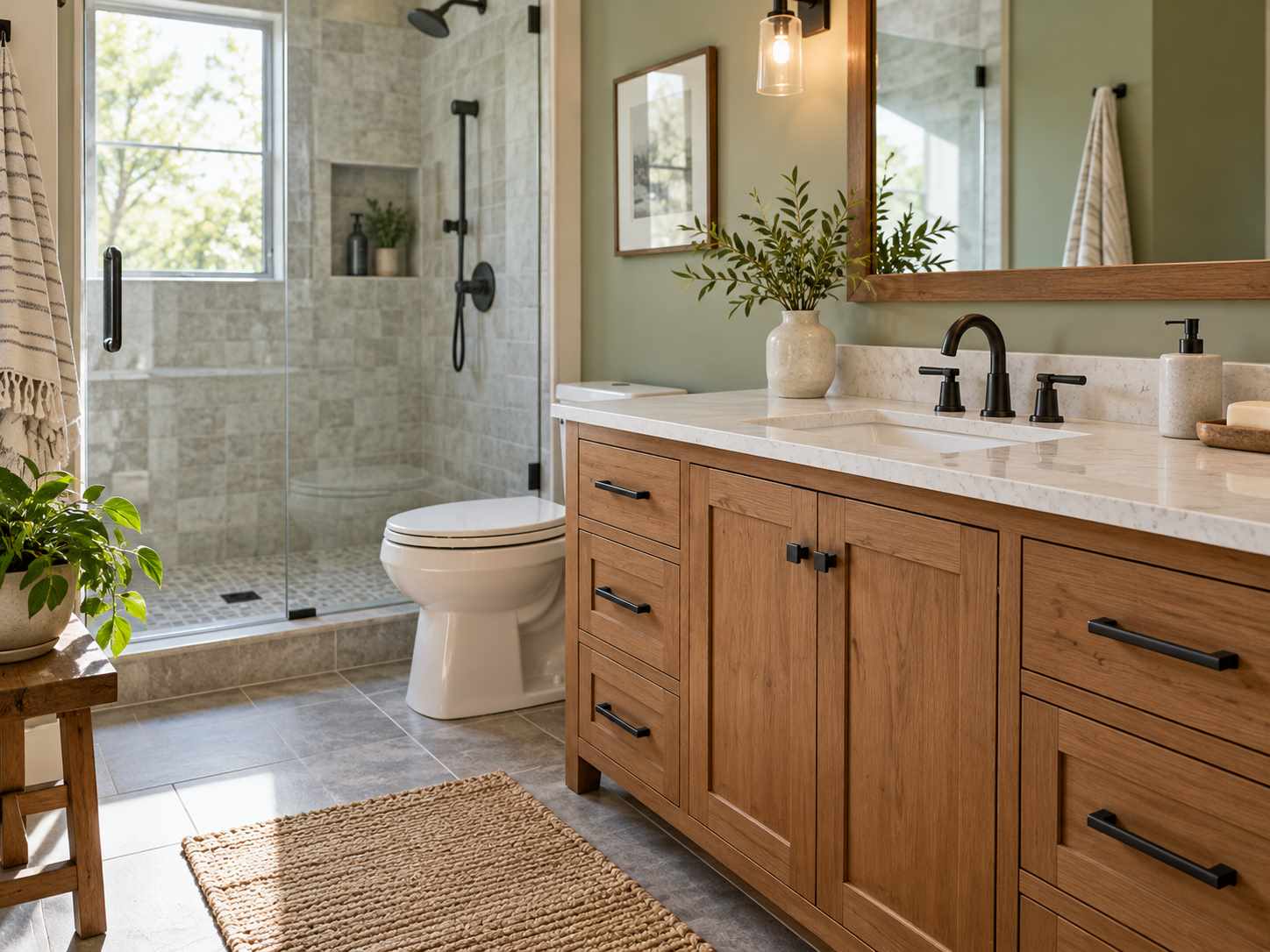 Updated wood vanity in a practical bathroom