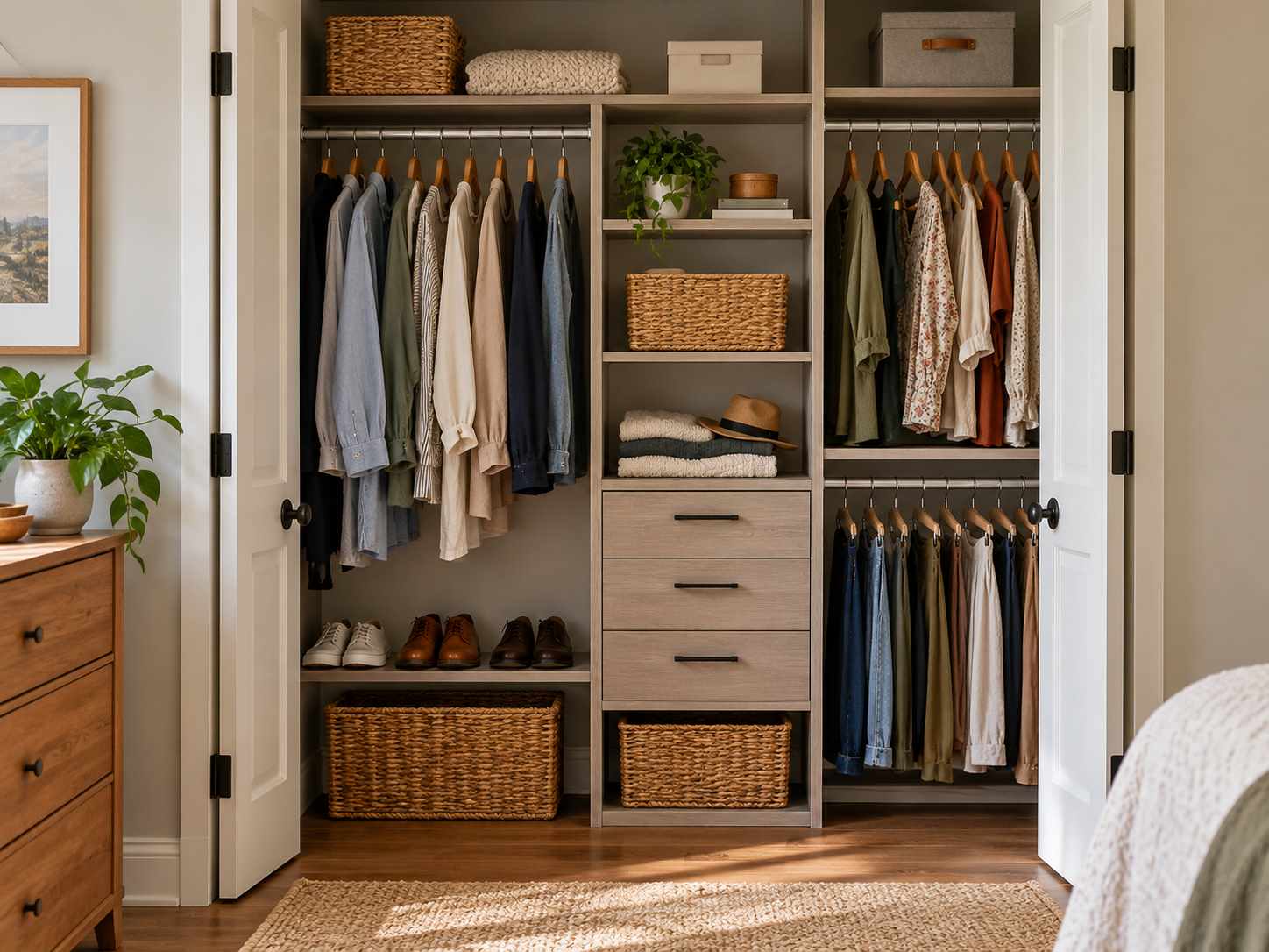 Organized closet with useful hanging and shelf space