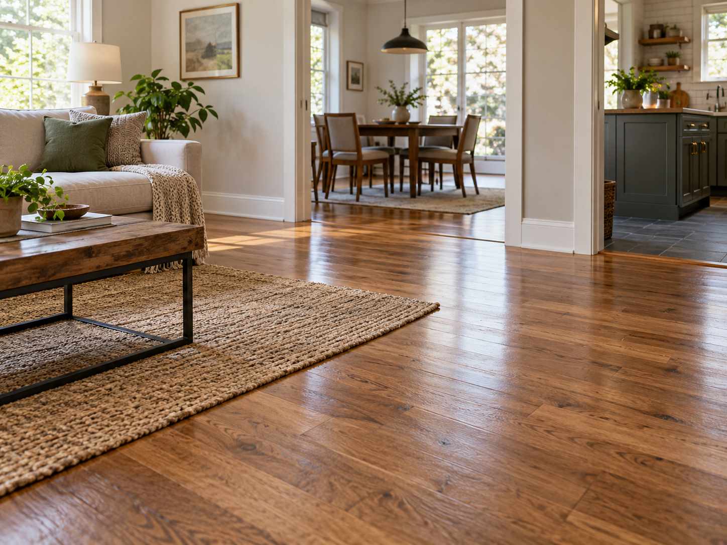 Sound wooden floor connecting living and dining areas