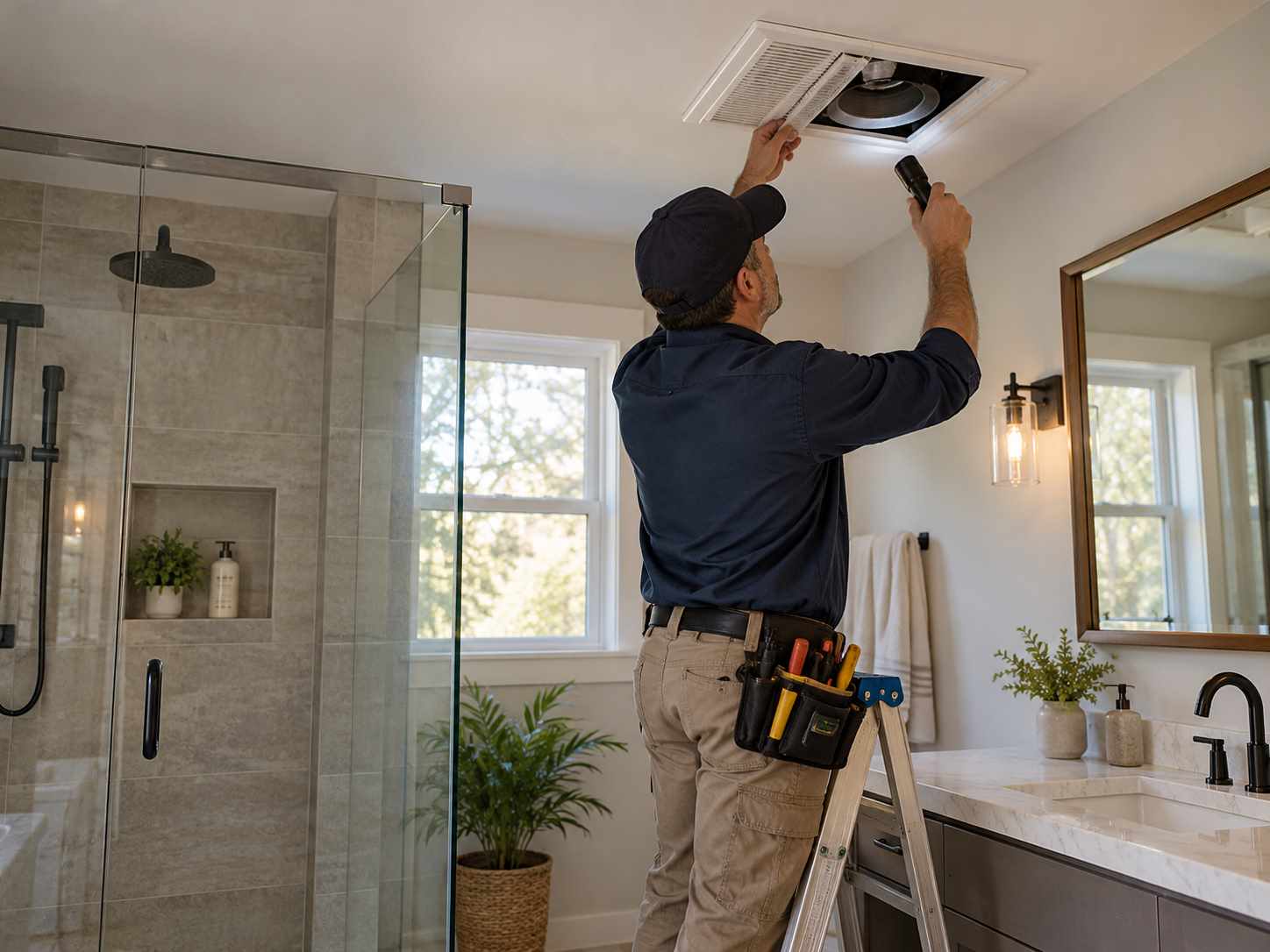 Person checking a bathroom ceiling ventilation fitting