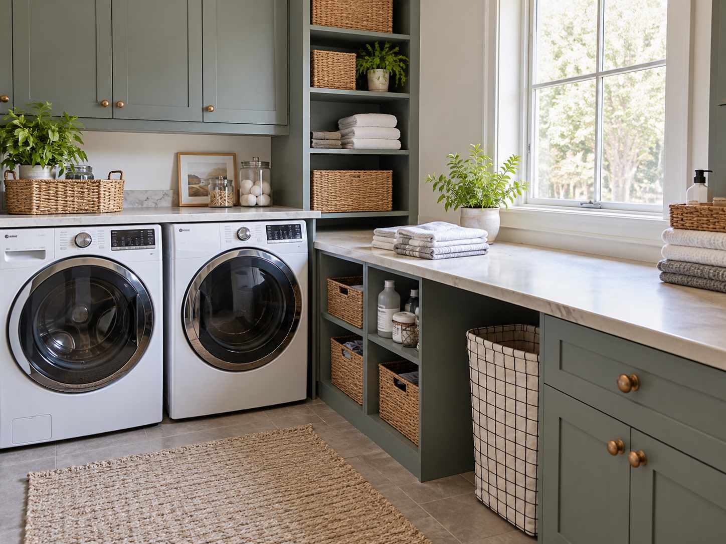 Laundry area with a folding counter and organized storage