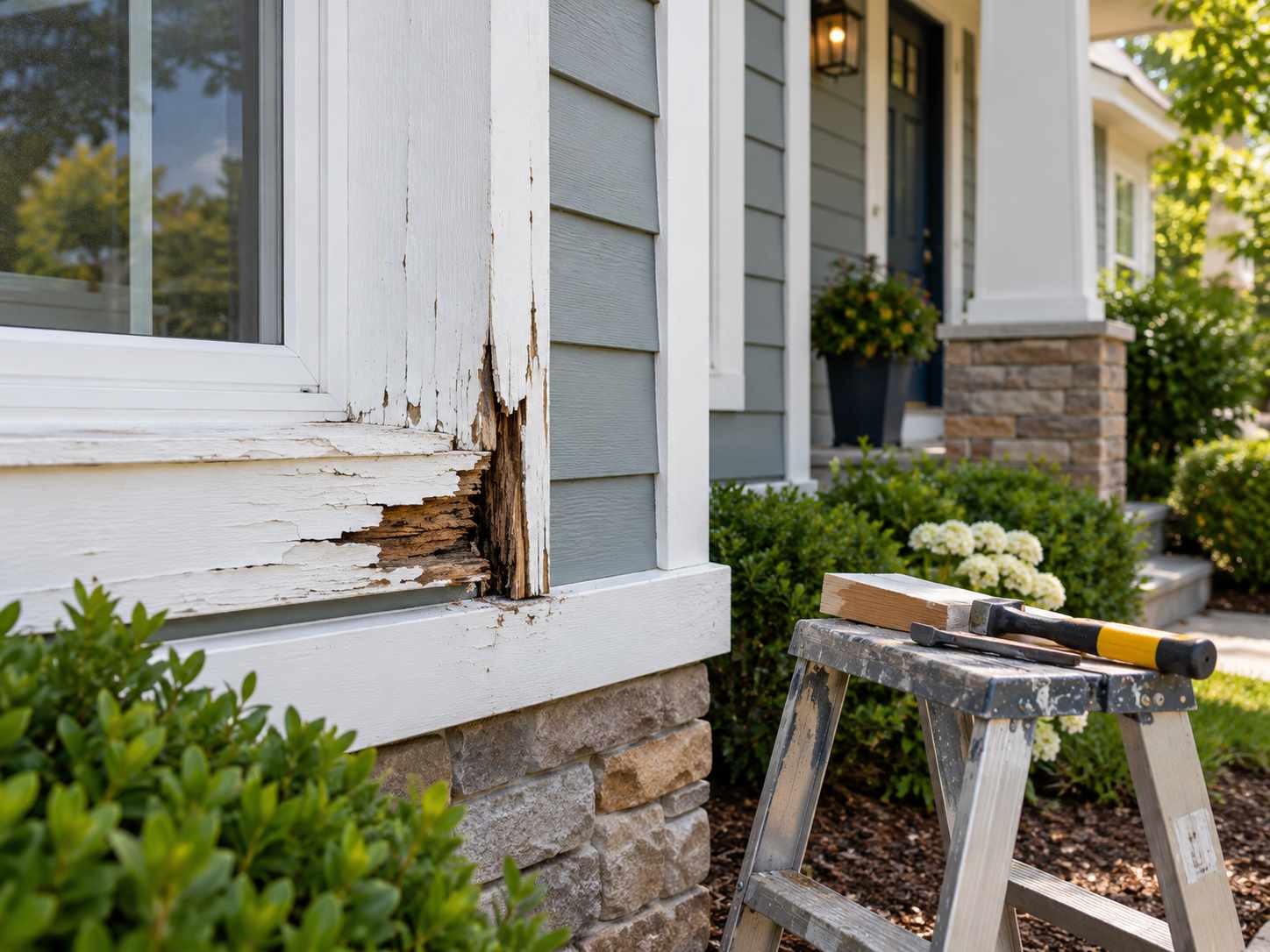 Damaged exterior trim shown before appropriate repair