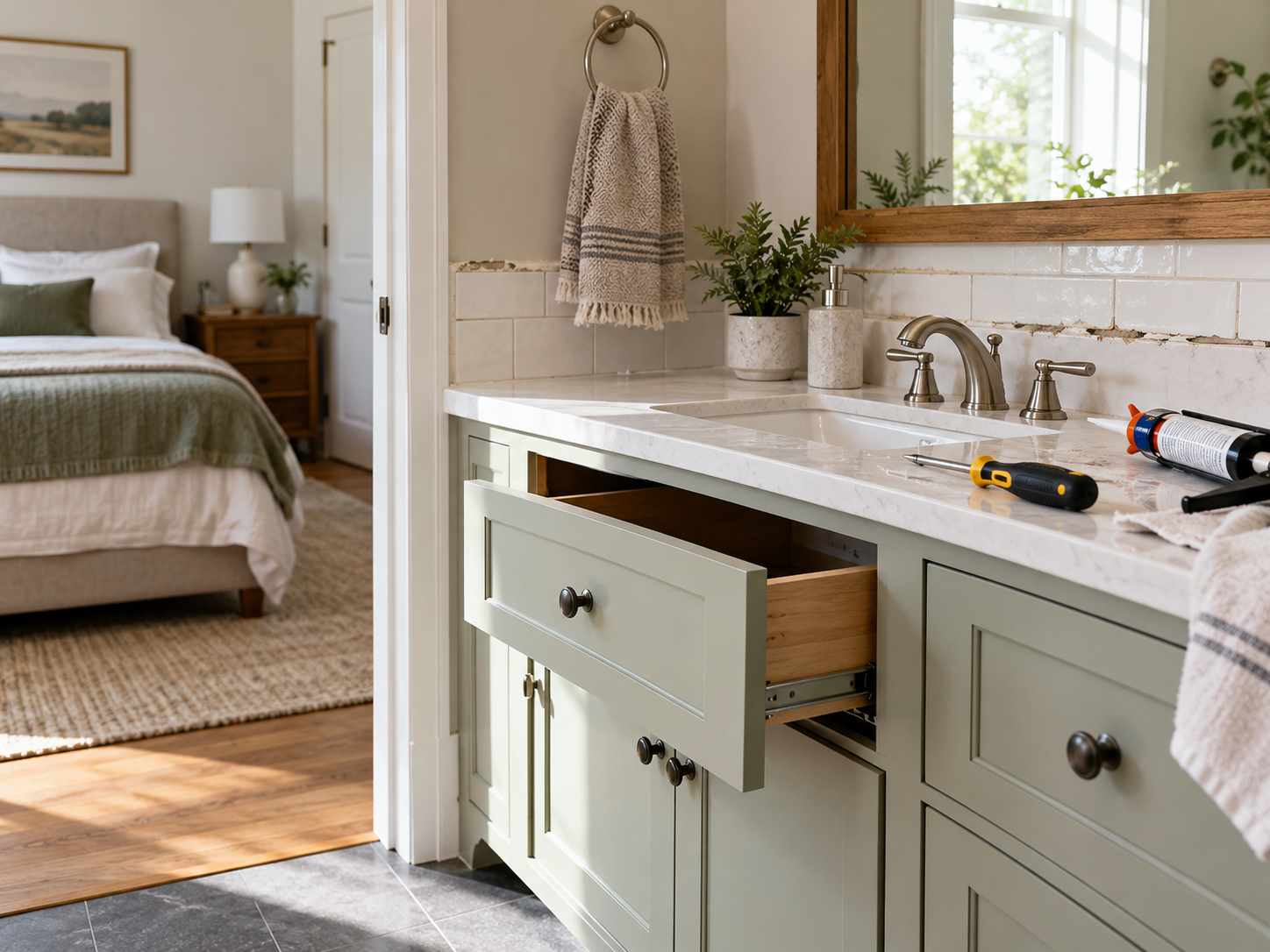 Small maintenance tools beside a bathroom vanity