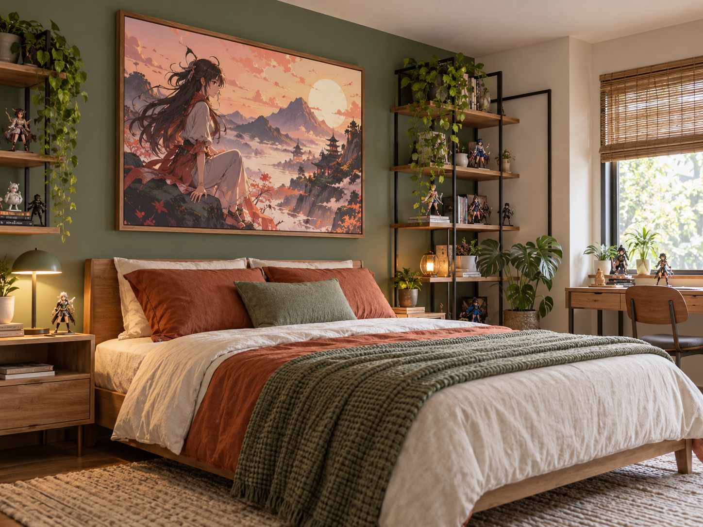 Single large anime-style artwork as a bedroom focal point