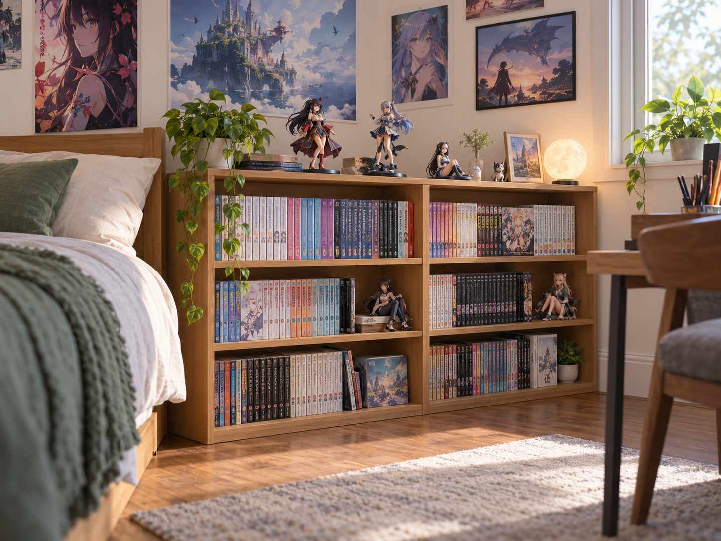 Manga volumes grouped in a low reachable bookcase