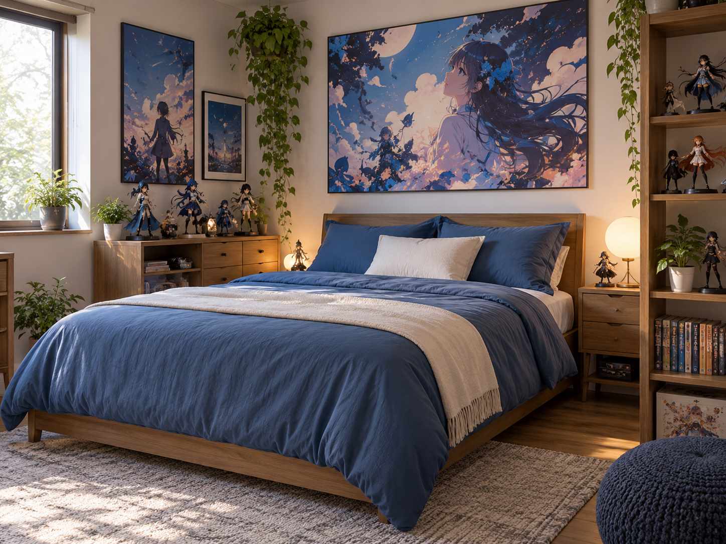 Plain bedding using colors from bedroom artwork