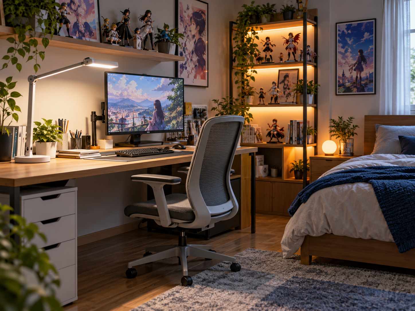Separate task lamp lighting a bedroom desk