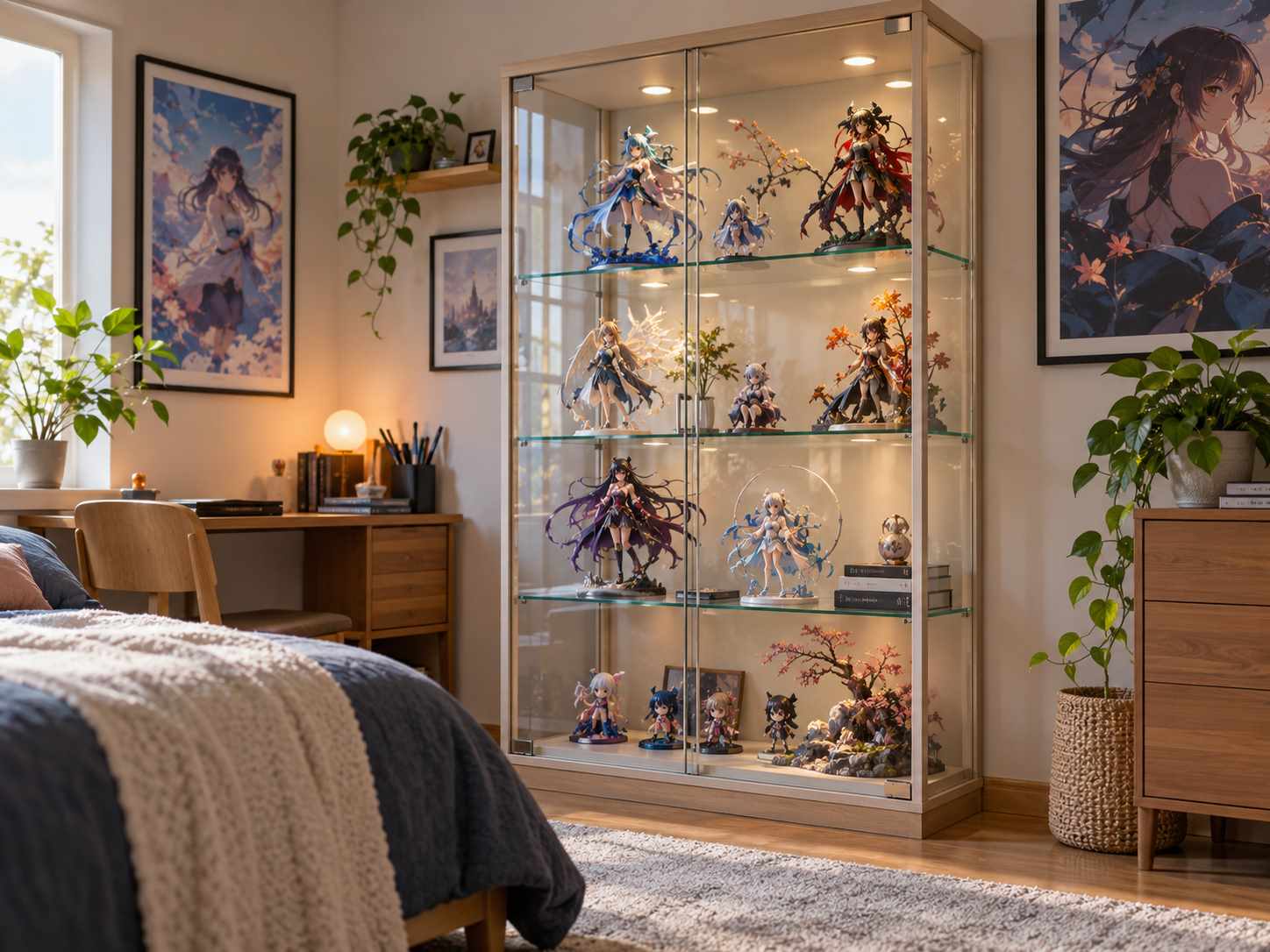 Glass-front cabinet holding a figurine collection