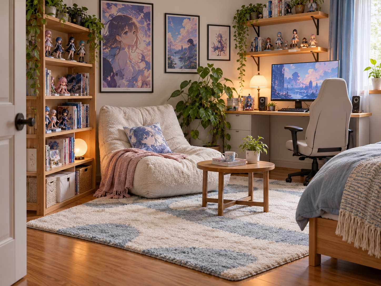 Soft rug defining a bedroom seating area