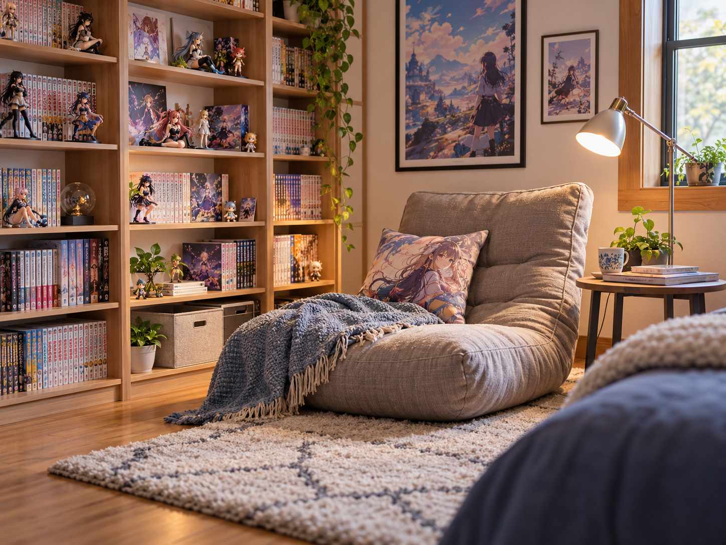 Comfortable reading seat beside manga shelves