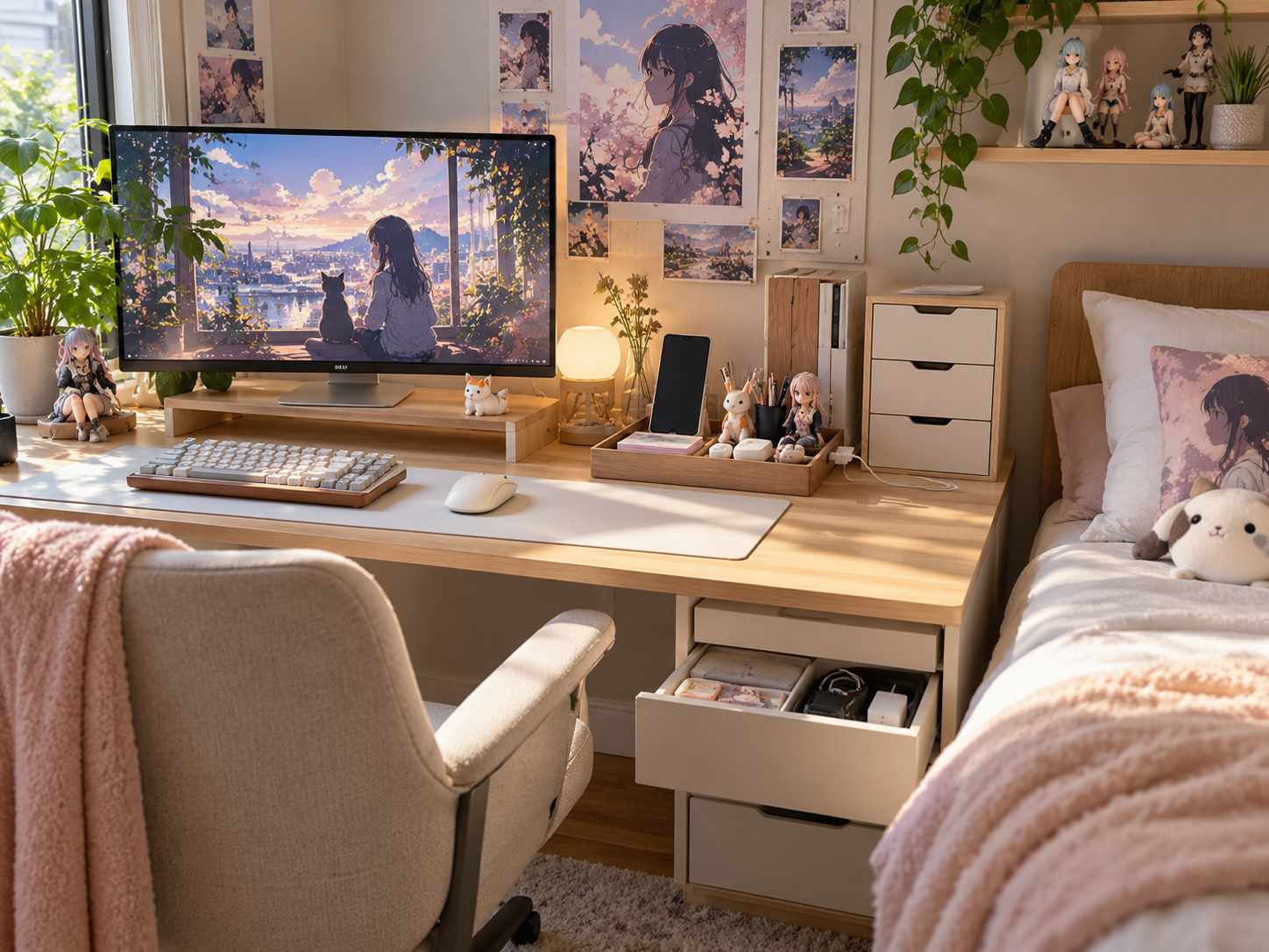 Desk accessories grouped in a useful tray