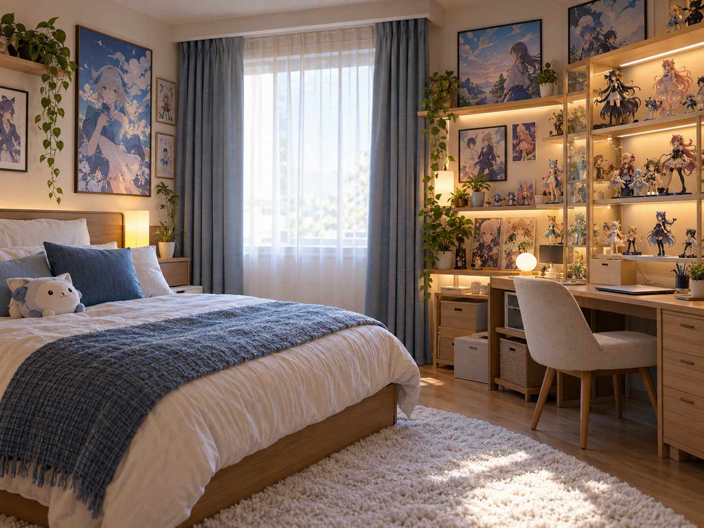 Quiet plain curtains beside a detailed display wall