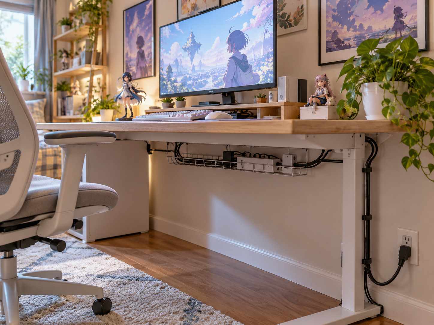 Clear cable route below a bedroom desk