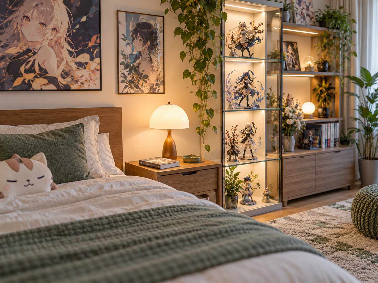 Simple bedside surface beside an organized display cabinet