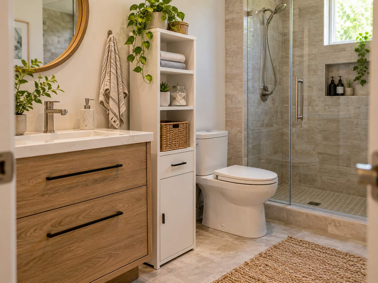 Narrow freestanding bathroom storage unit