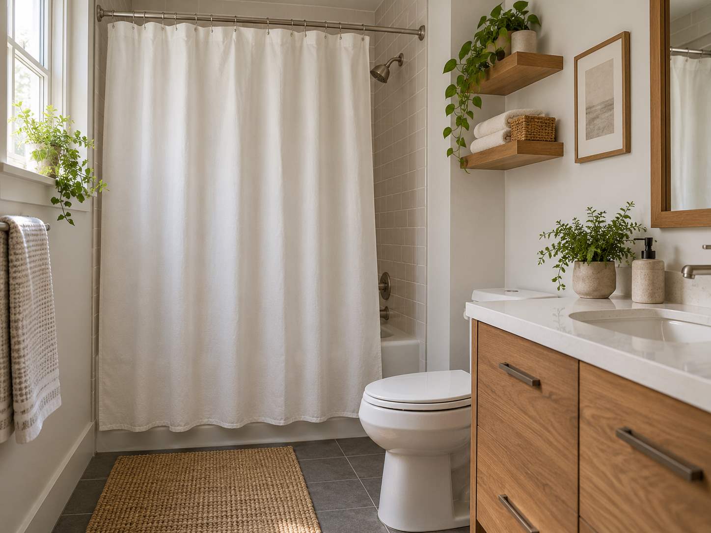 Plain shower curtain with a practical length