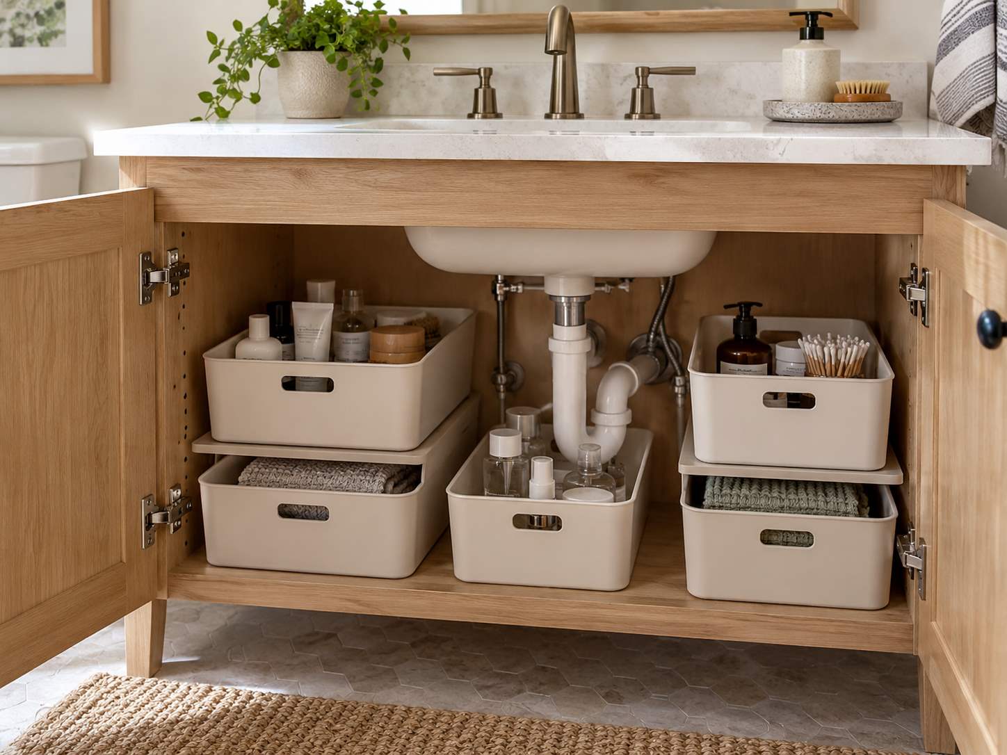 Removable bins organized around under-sink plumbing