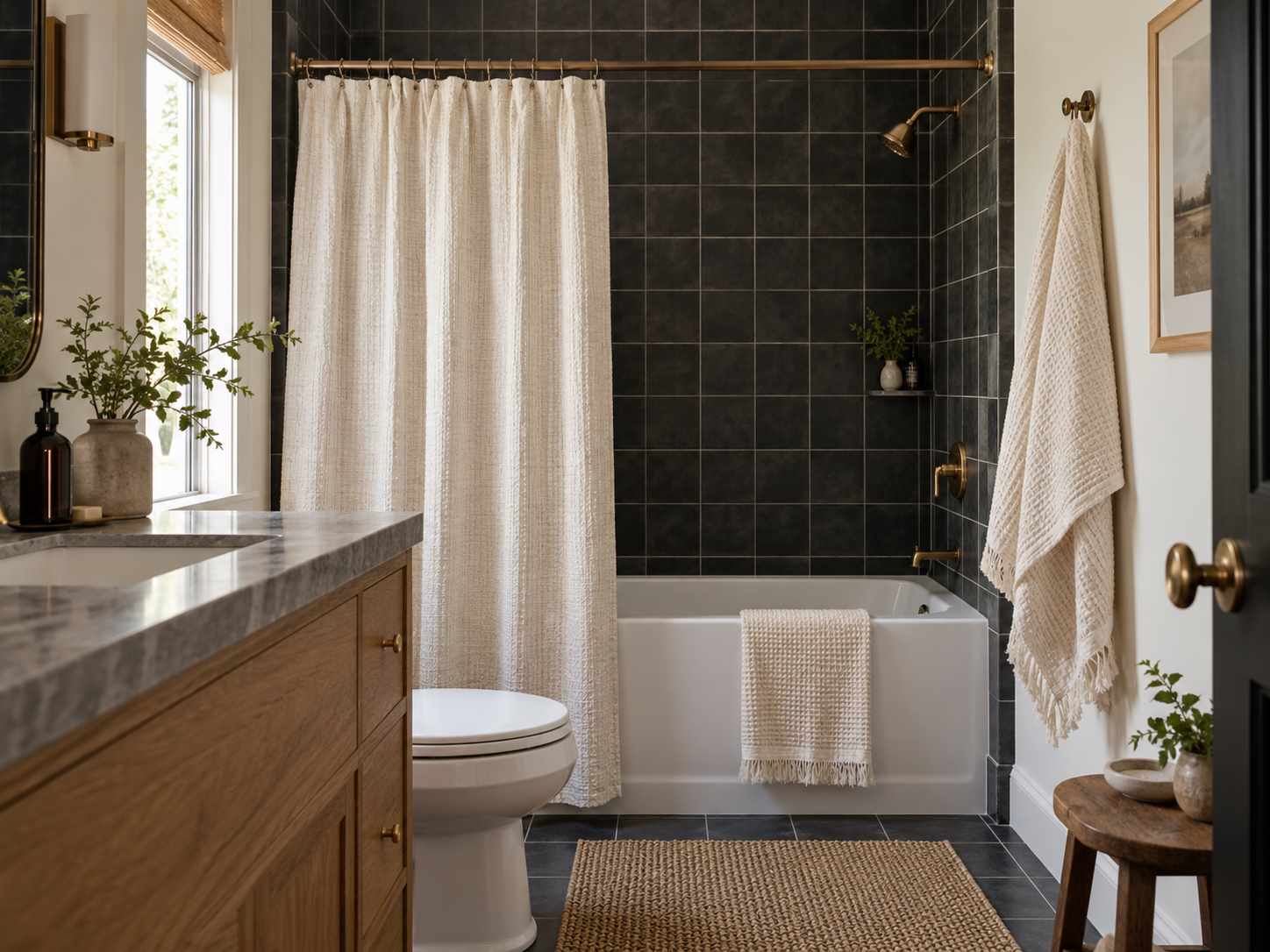 Light shower curtain balancing dark bathroom tile