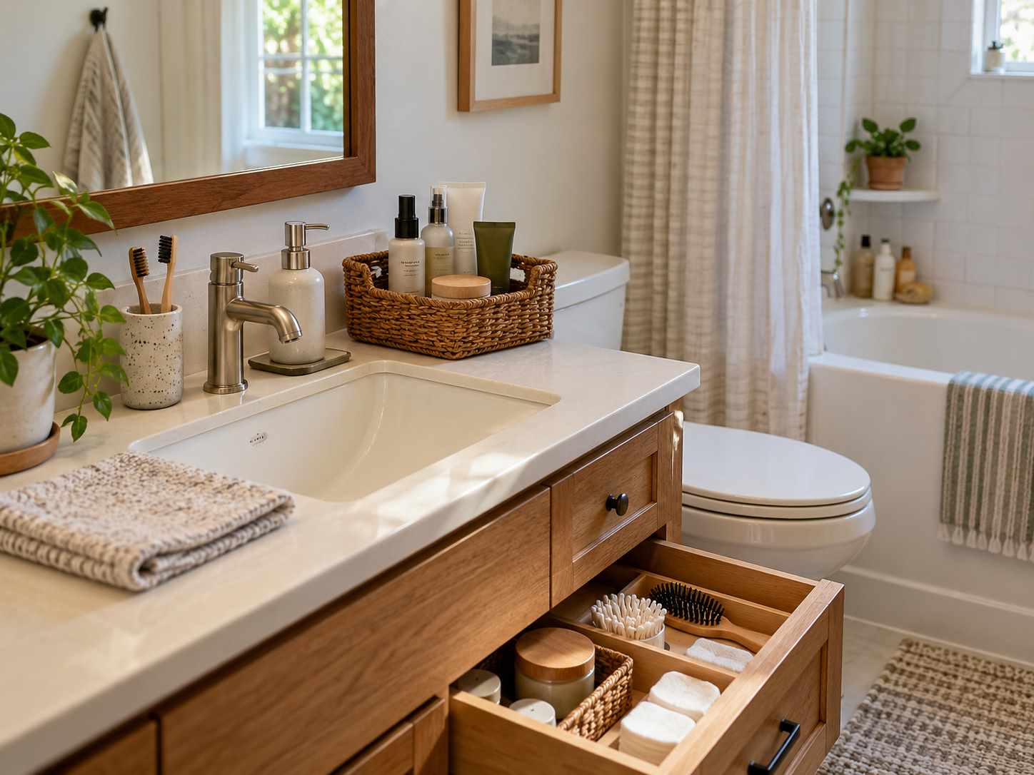 Clear reset bathroom surface with products stored away
