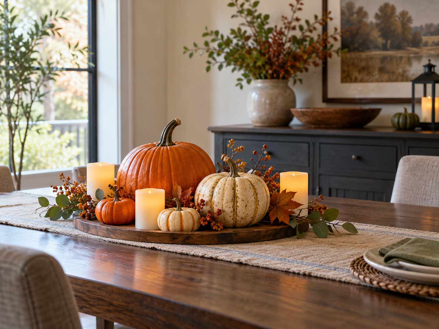 Small tabletop group of pumpkins and seasonal accents