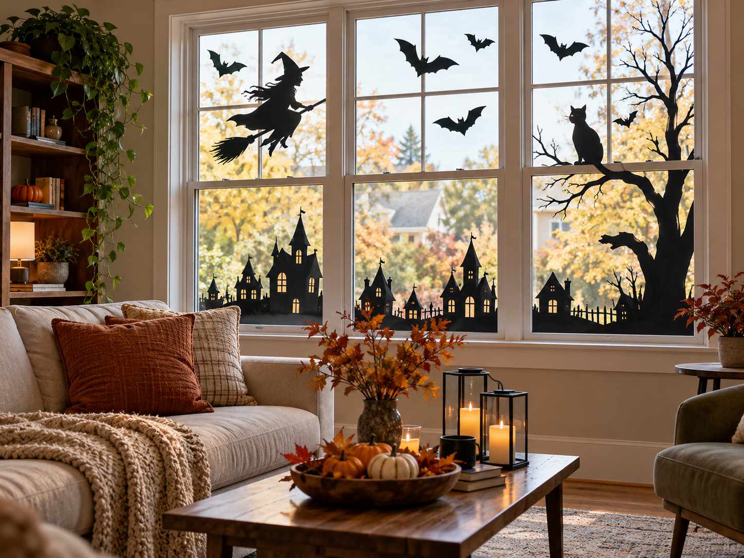 Paper Halloween silhouettes on an inside-facing window