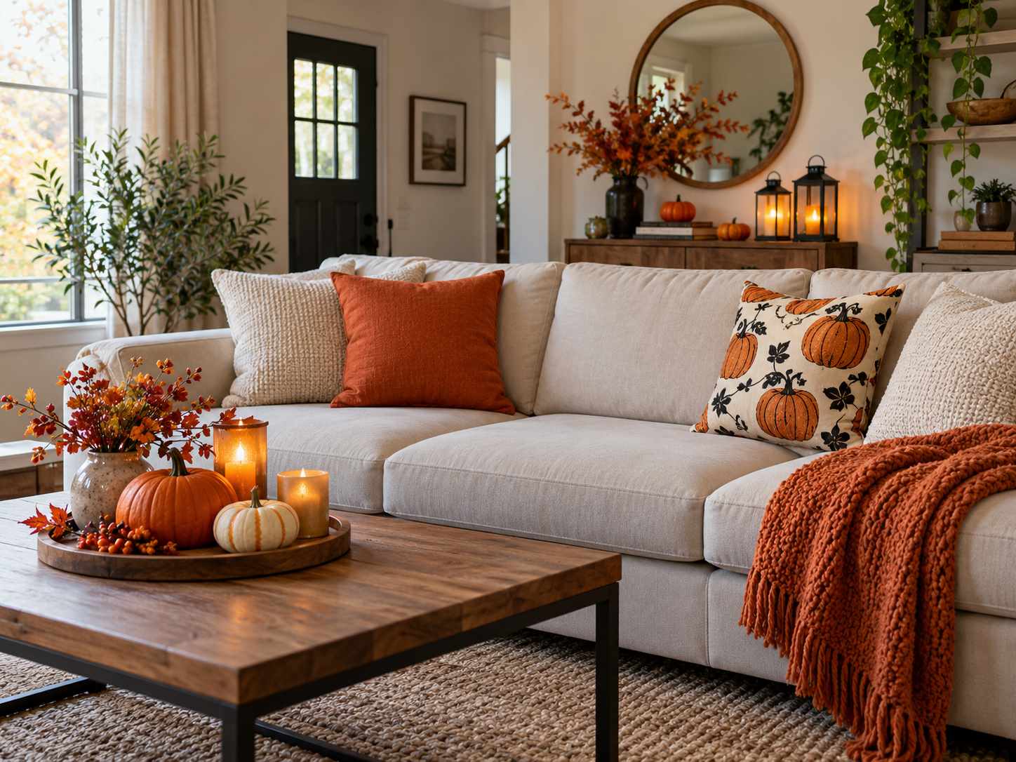 Seasonal cushion cover on a plain apartment sofa