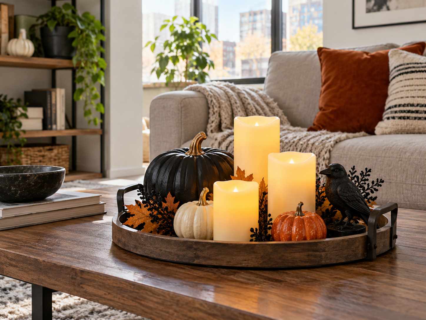 Candle-shaped lights arranged on a stable tray