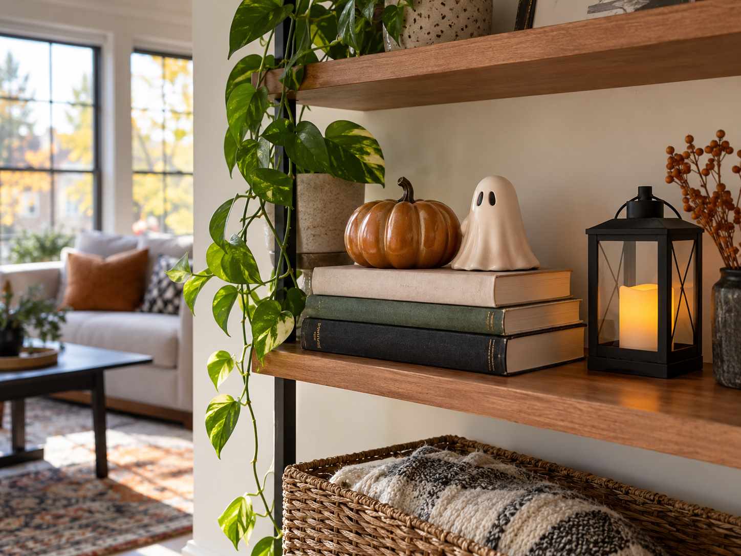 Small seasonal shelf scene built around existing books