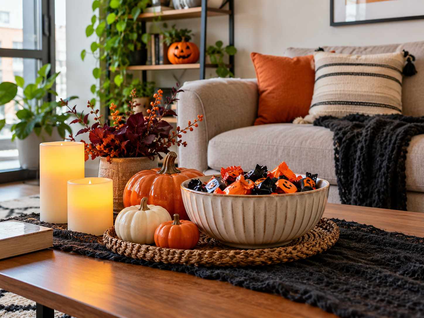 Bowl of wrapped treats on a stable table