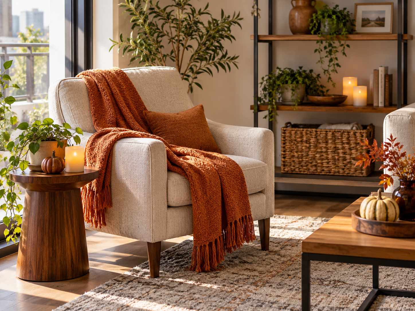 Orange throw on a plain upholstered chair