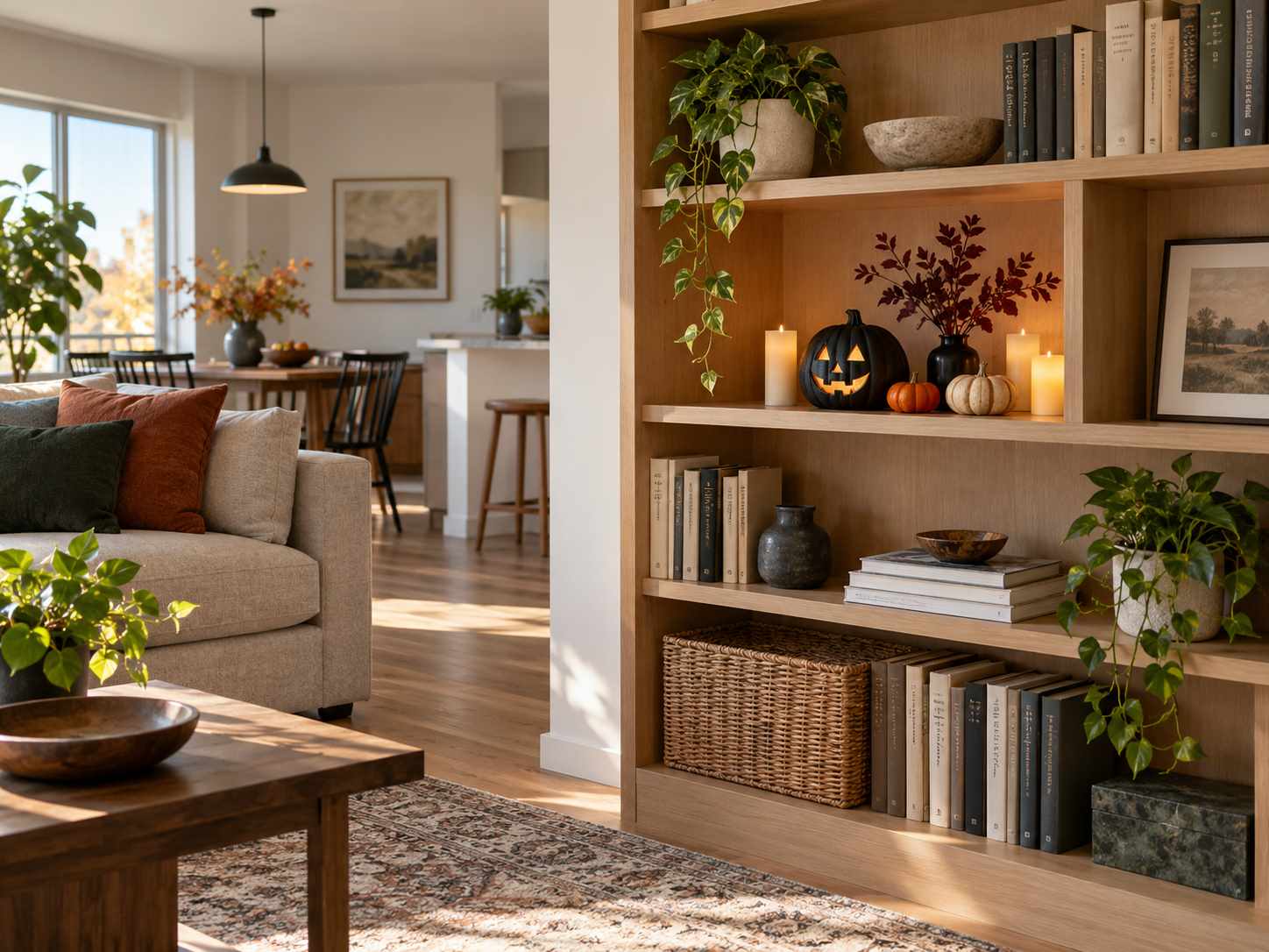 Compact seasonal display within a bookcase bay