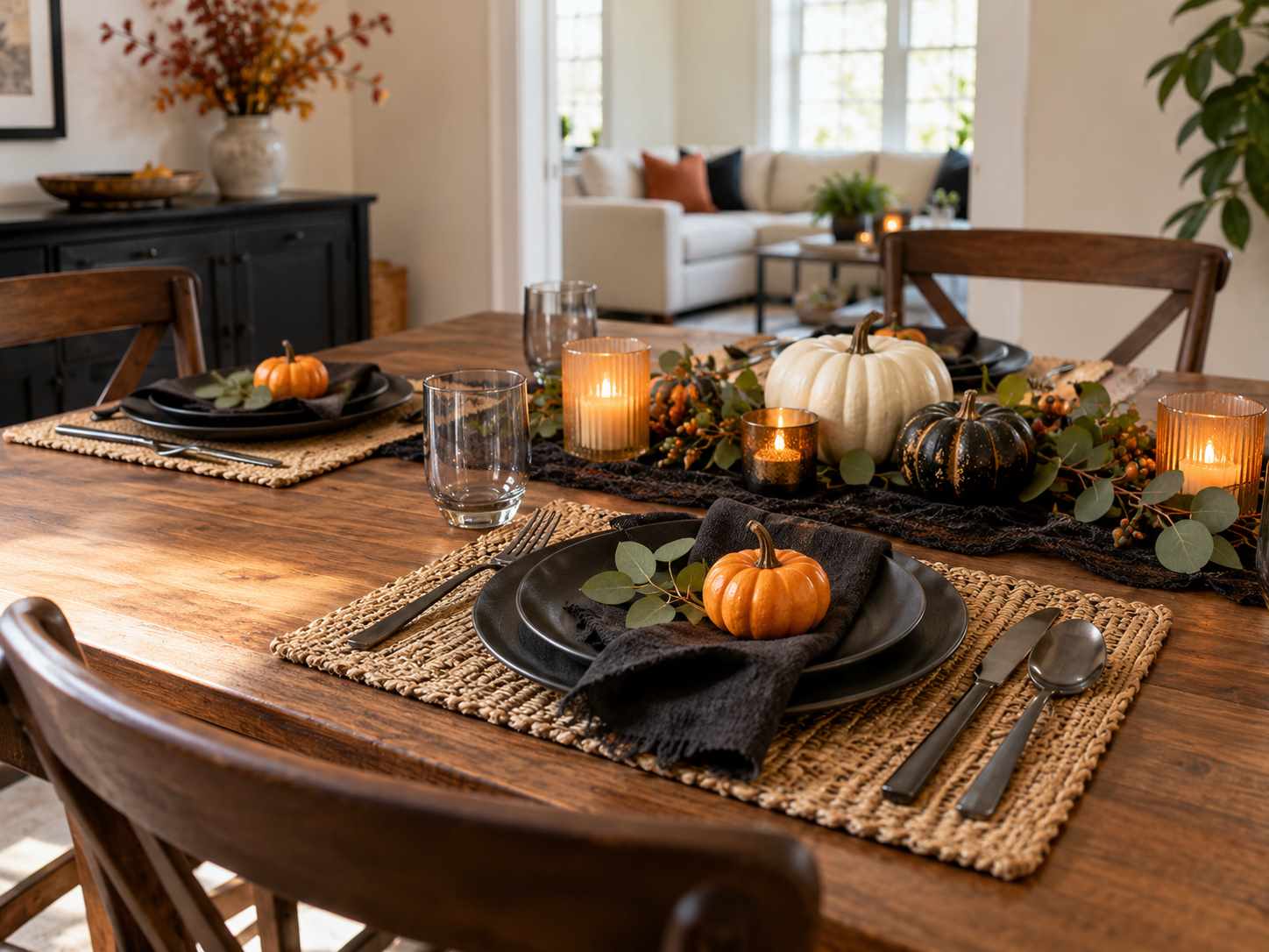 Simple seasonal place setting for an apartment meal