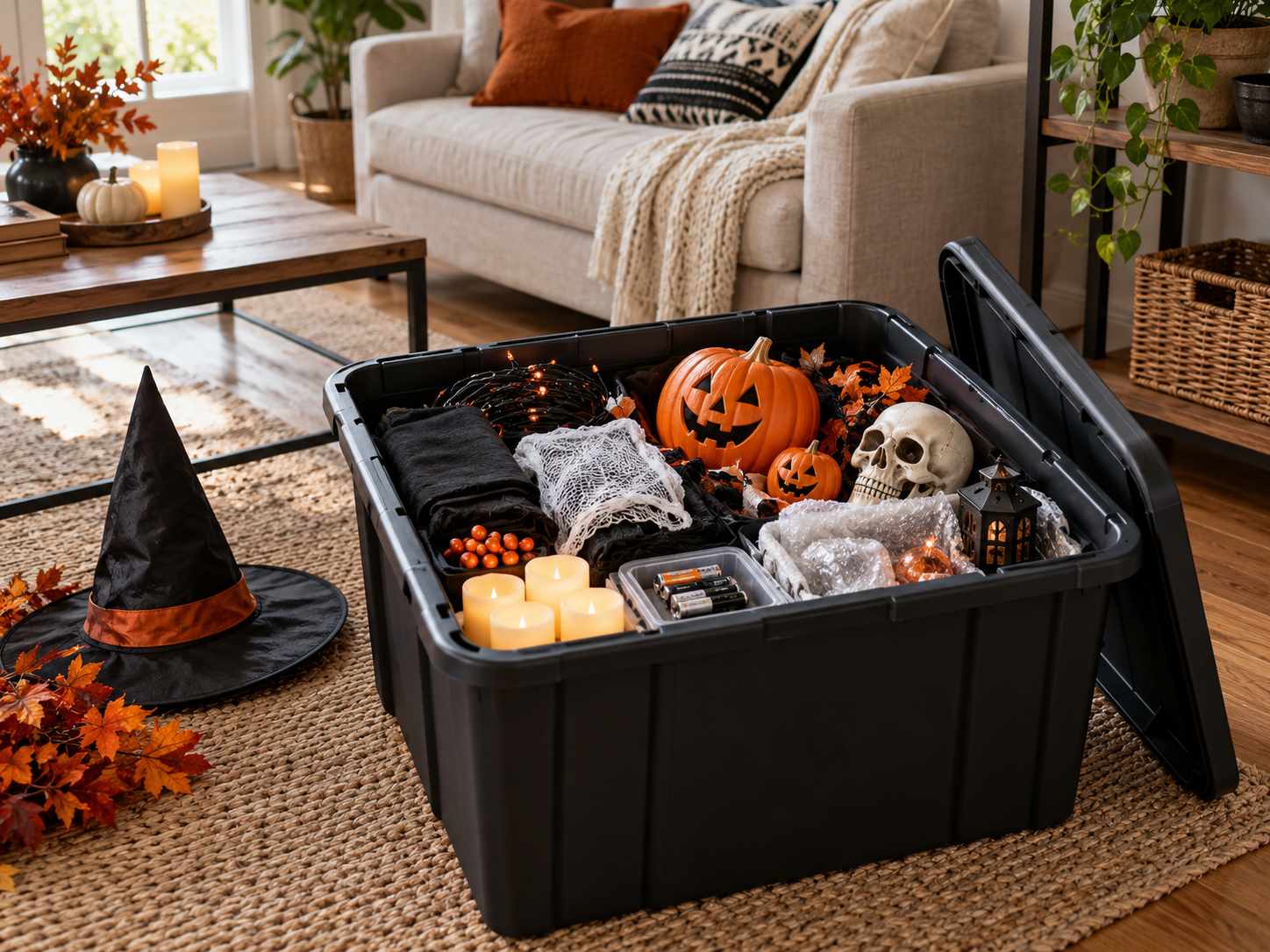 Reusable Halloween decorations organized in one storage box