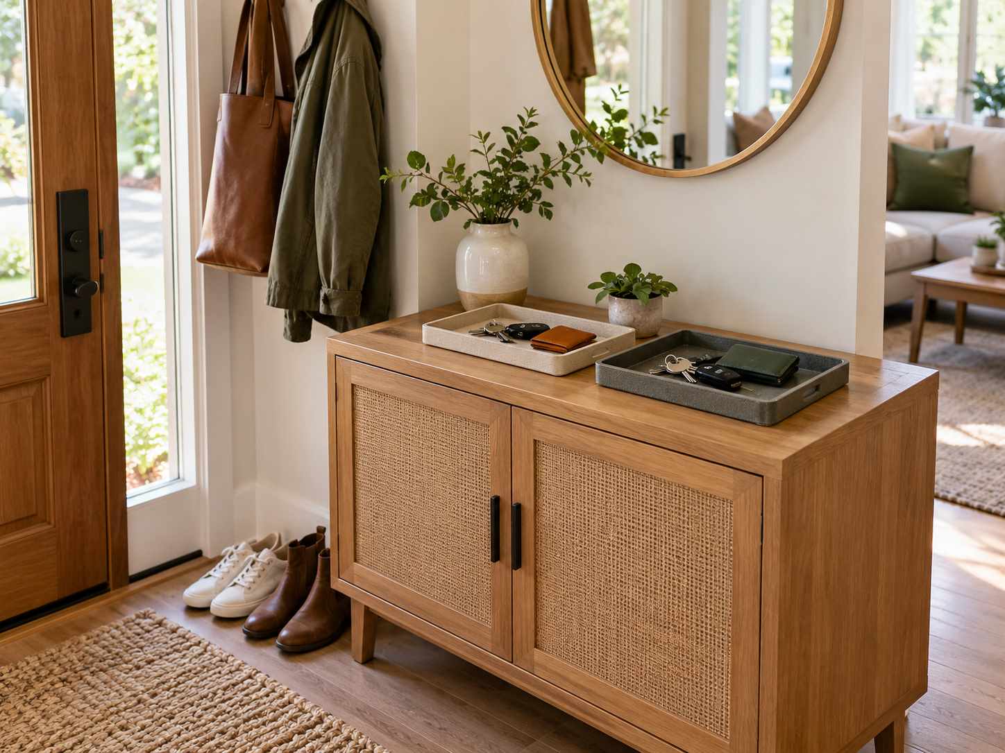 Separate everyday entry trays on a small cabinet