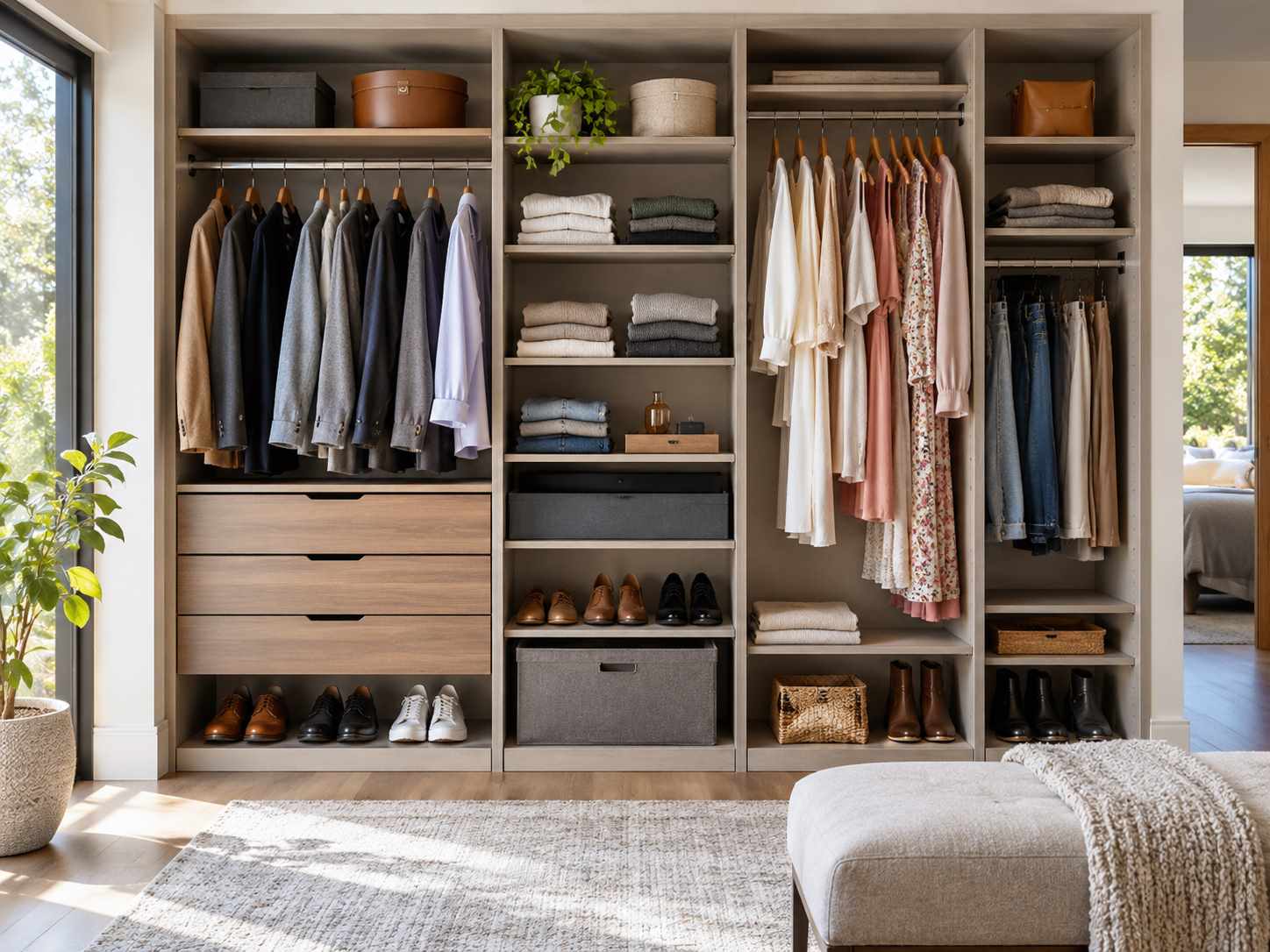 Closet space divided around different clothing needs