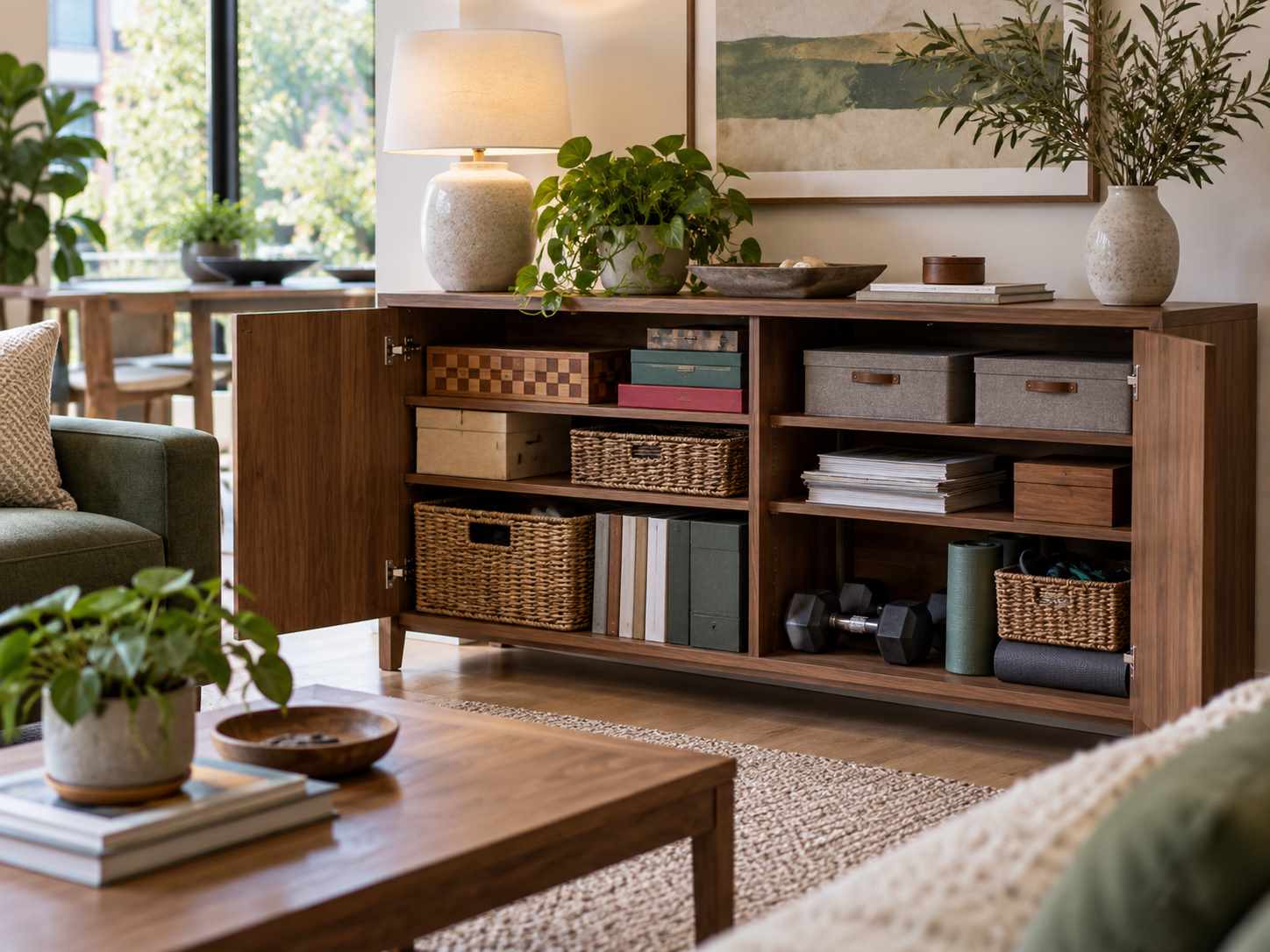 Closed living room storage for shared household items
