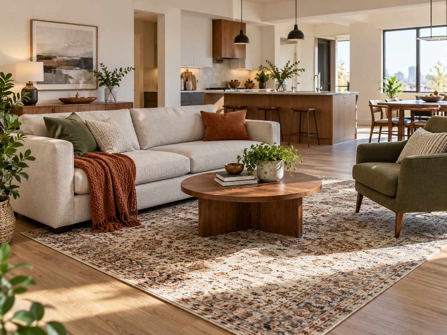 Rug defining a shared seating area