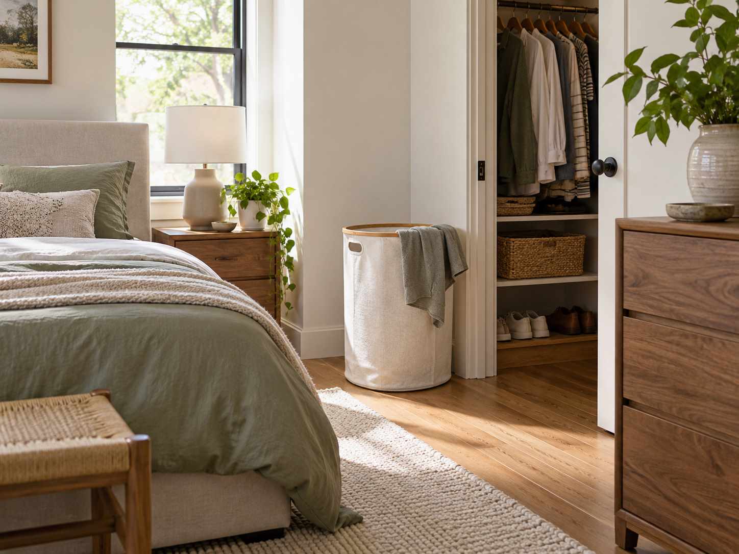 Laundry hamper near the bedroom changing area