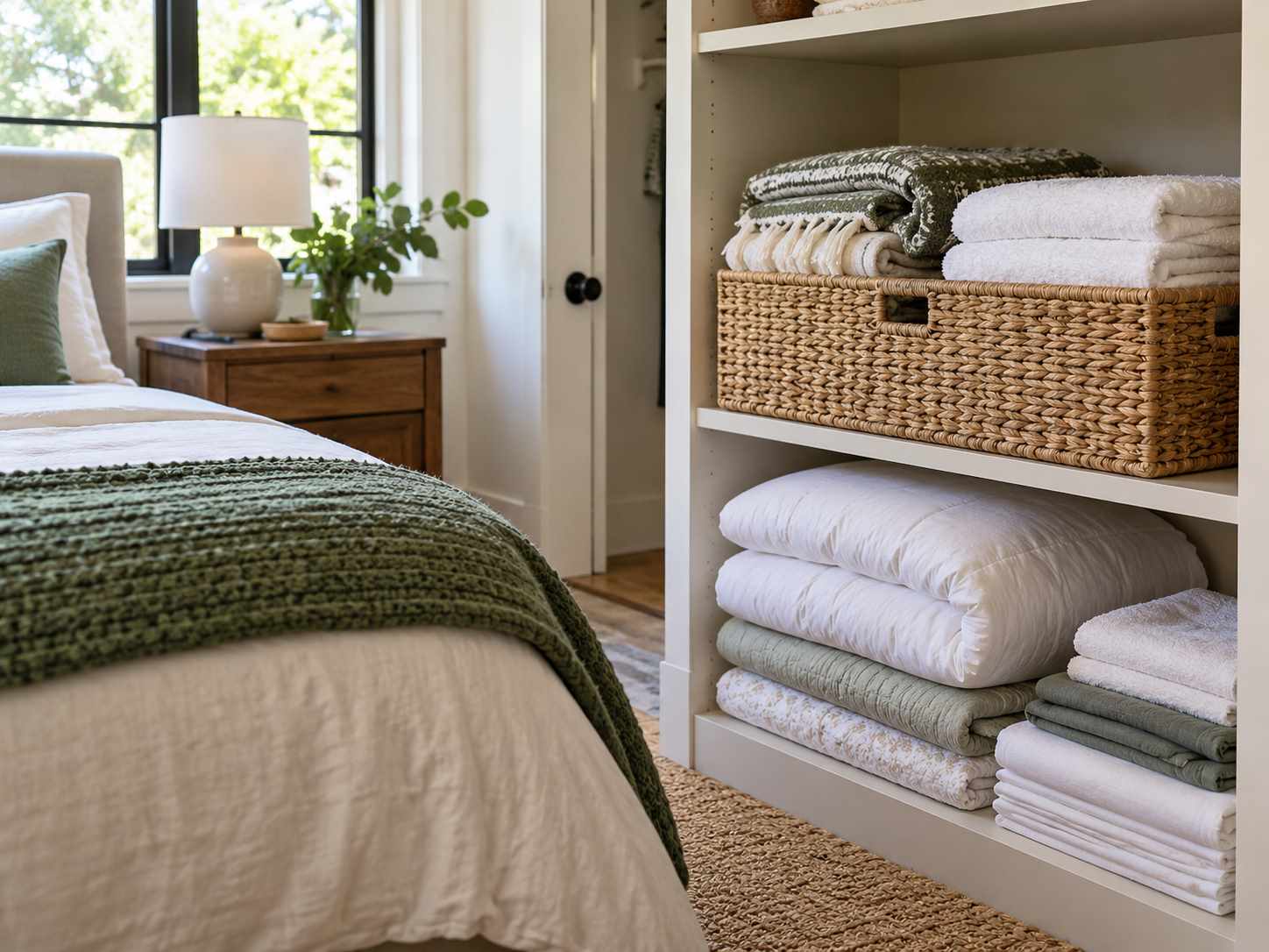 Guest bedding and towels in one defined storage section