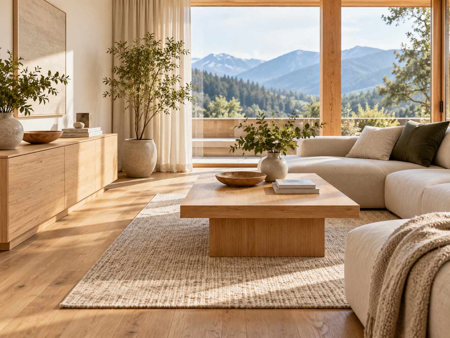 Light timber furniture as the main warm surface