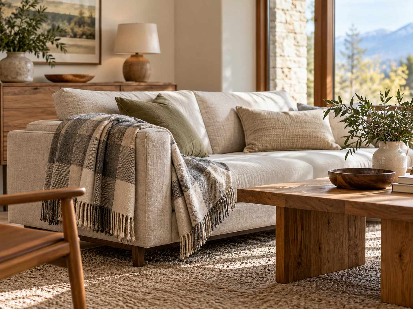 Quiet patterned throw on plain upholstery