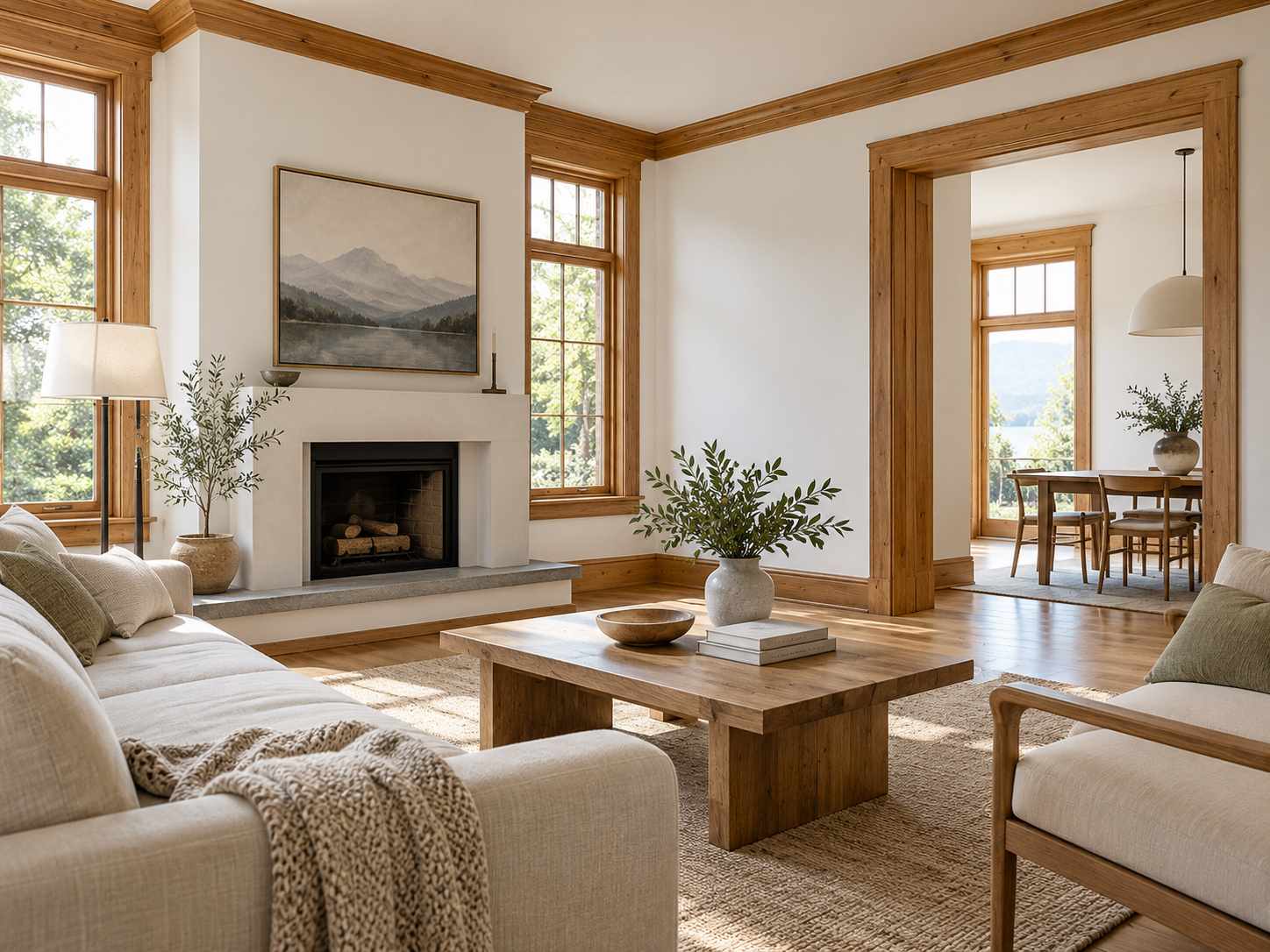 White walls with natural wood trim