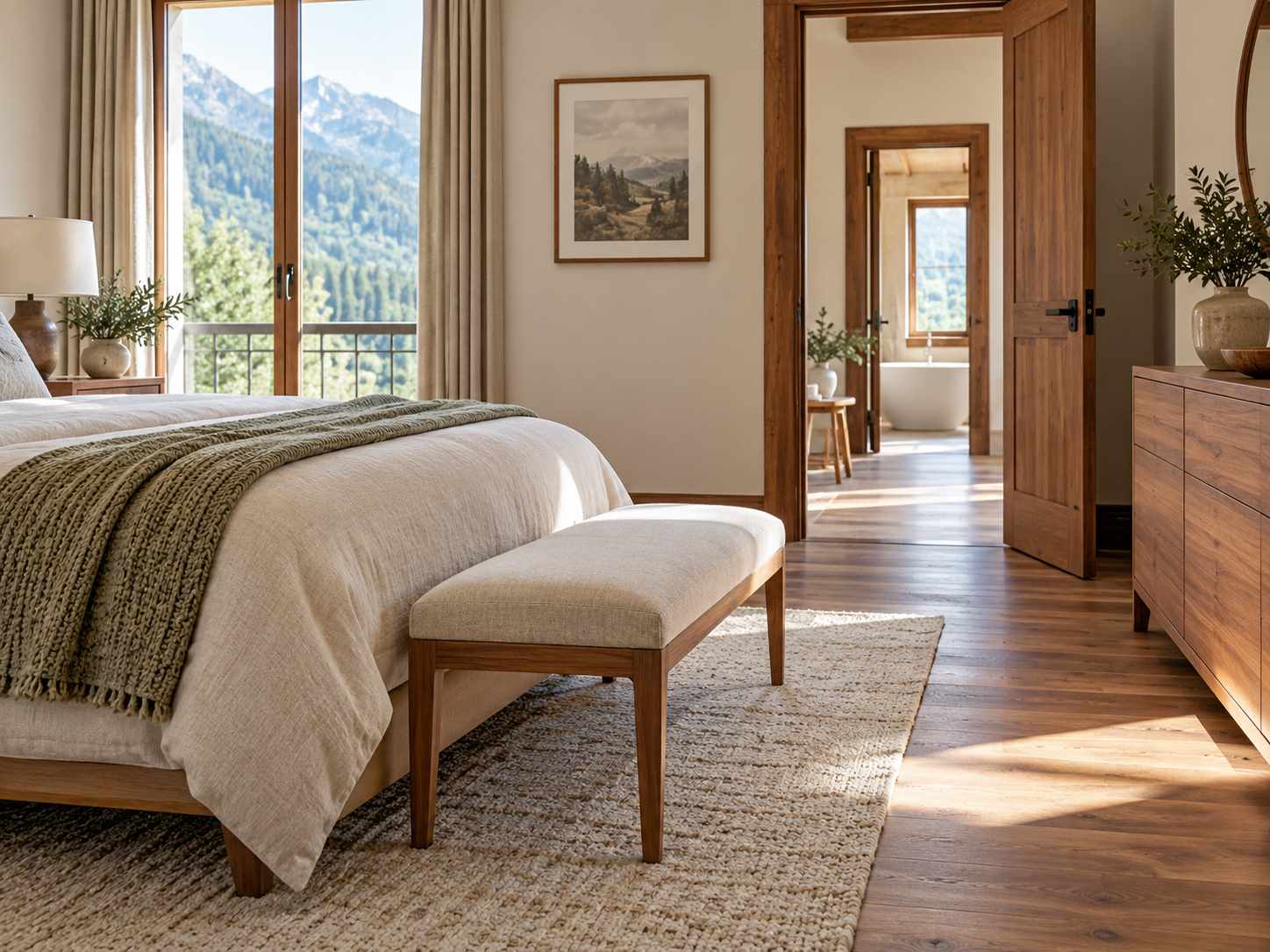 Small upholstered bench near a bedroom route