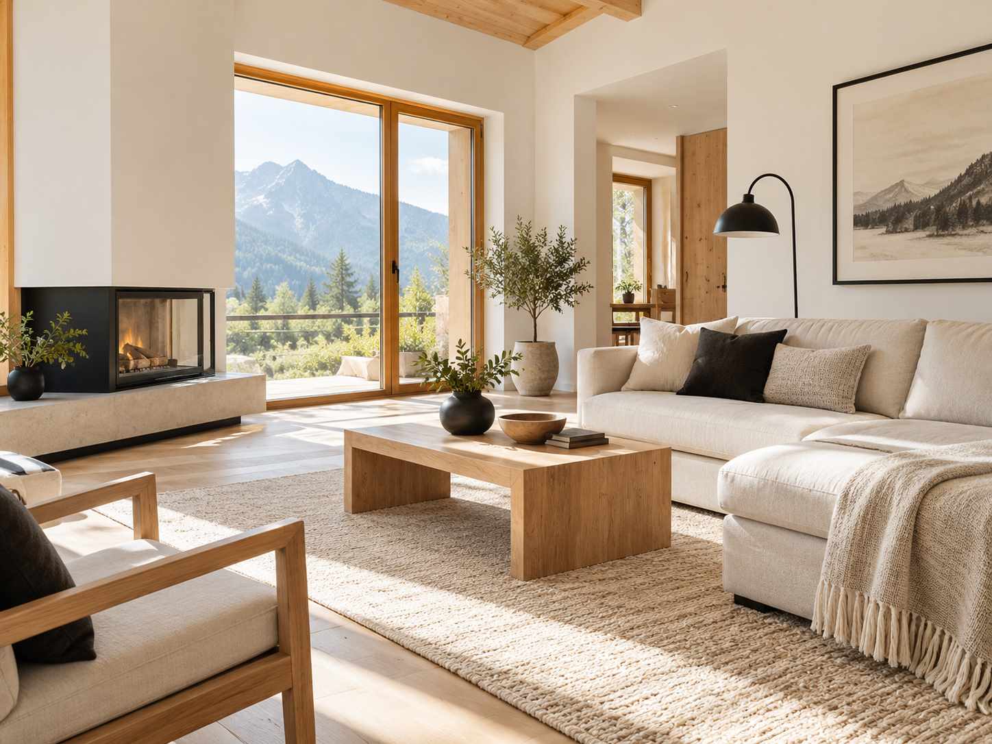 Restrained black lamp in a pale timber room